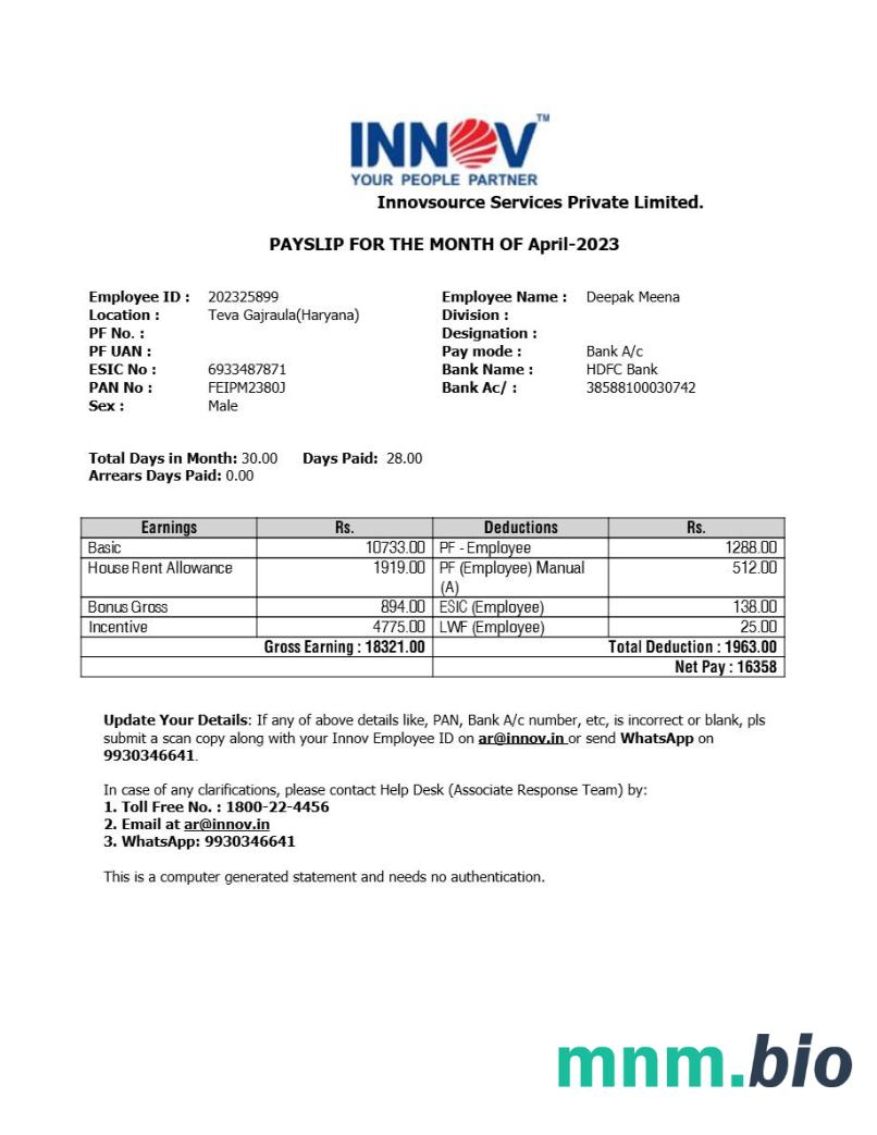 Innovsource Services staffing company payslip template w formatach Word i PDF